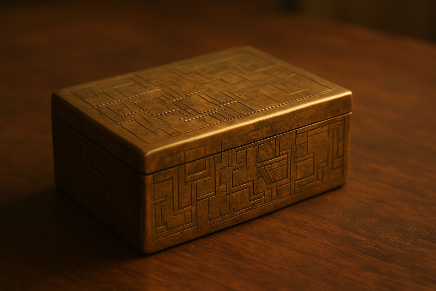 A brass box with geometric patterns that look like jumbled floor plans.