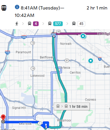 This image shows a route map and public transportation details for a journey starting at 8:41 AM and ending at 10:42 AM, lasting 2 hours and 1 minute. The icons at the top indicate a multi-modal trip involving walking and buses, specifically bus routes 4, 577, and 45. The map highlights the path, passing through areas like Norwalk, Bellflower, and Lakewood, with the final destination marked in red. The route includes highways and city streets, with various stops along the way. The total travel time displayed is just under 2 hours.